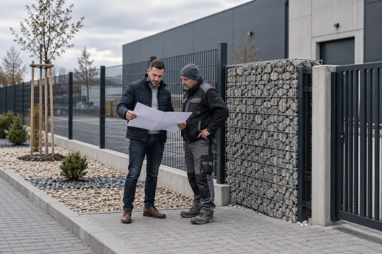 Zarządca i wykonawca porównują ogrodzenie panelowe z gabionowym przy obiekcie firmy