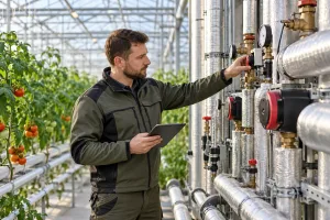 Technik kontroluje instalację ogrzewania w szklarni produkcyjnej