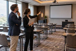 Organizatorzy sprawdzają ustawienie sali konferencyjnej przed wydarzeniem