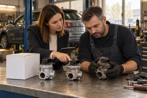 Fleet manager i mechanik porównują części do samochodu firmowego