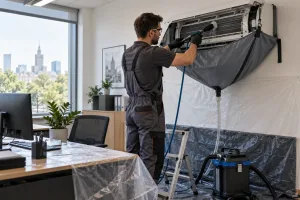 Technik czyści klimatyzator w zabezpieczonym pomieszczeniu biurowym