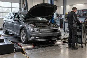 Technik diagnozuje samochód firmowy na hamowni przed zmianą kalibracji