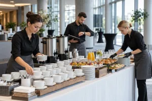 Obsługa przygotowuje przerwę kawową przed rozpoczęciem konferencji