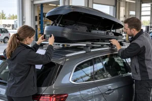 Koordynatorka i technik sprawdzają wynajęty box dachowy na aucie