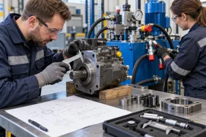 Technicy mierzą kołnierz pompy hydraulicznej przed doborem zamiennika