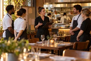 Managerka prowadzi odprawę zespołu restauracji przed zmianą