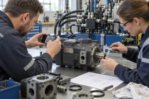 Technicy dokumentują tabliczkę i wymiary pompy hydraulicznej
