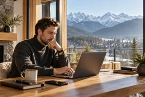 Pracownik zdalny przy laptopie w apartamencie z widokiem na Tatry